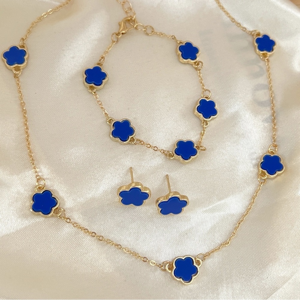 18K Gold Plated blue clover necklace set stainless steel womens jewelry